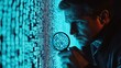 © Justlight - An image detailing a bright illuminated laptop screen filled with cryptic binary code overlays as a forensic investigator leans closer using a magnifying glass to uncover hidden digital
