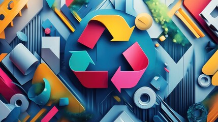 Poster - A creative and vibrant abstract design illustrating recycling, with dynamic colors and shapes highlighting sustainability, environmental awareness, and creativity.