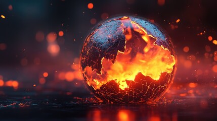 Poster - A cracked, glowing globe with rising heat waves, emphasizing the concept of global warming in a dynamic 3D abstract design.
