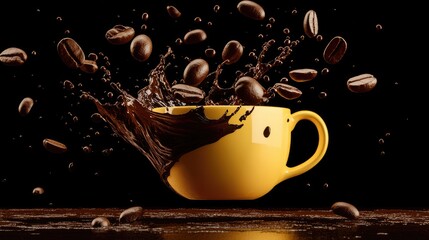 Poster - A creative depiction of floating coffee beans and splashes of dark coffee from a bright yellow mug, set against a deep chocolate-colored backdrop.