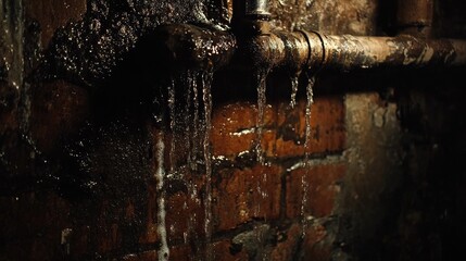 Poster - A dark, atmospheric shot of a water-dripping underground pipe, framed by a textured brick wall and metallic pipe surface, emphasizing the harsh underground conditions.