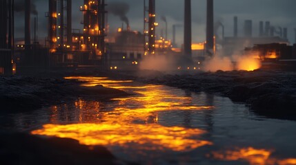 Poster - A detailed 3D rendering of industrial machinery discharging waste into rivers, creating glowing toxic streams that spread across the water, symbolizing pollution.