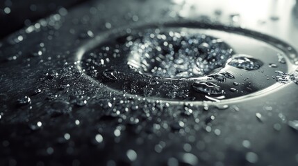 Poster - A detailed close-up of a wet sink drain with water droplets, emphasizing the fine textures of stainless steel and the functionality of household plumbing.