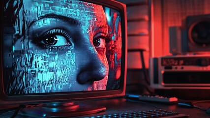 Poster - Digital Woman: Retro CRT Monitor Displaying a Futuristic Face