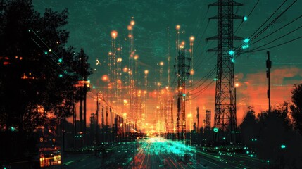 Poster - A digital representation of a cityscape with telecommunication towers and glowing networking lines, emphasizing the advancement of internet technology in urban areas.