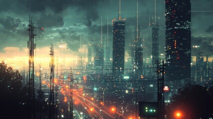 Poster - A digital representation of a cityscape with telecommunication towers and glowing networking lines, emphasizing the advancement of internet technology in urban areas.
