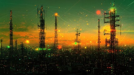 Poster - A digital representation of a cityscape with telecommunication towers and glowing networking lines, emphasizing the advancement of internet technology in urban areas.