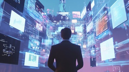 Poster - A digital 3D scene of a businessman connecting different multimedia tech devices, creating a unified and connected ecosystem.