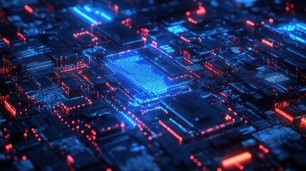 Poster - Futuristic circuit board glowing, data processing, tech background