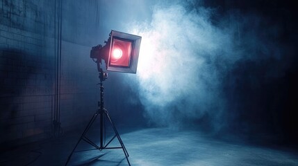 Poster - A dramatic shot of a movie spotlight in a dark studio, creating cinematic lighting effects on a film set with plenty of copy space for text.