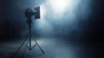 Poster - A dramatic shot of a movie spotlight in a dark studio, creating cinematic lighting effects on a film set with plenty of copy space for text.