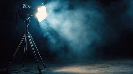 Poster - A dramatic shot of a movie spotlight in a dark studio, creating cinematic lighting effects on a film set with plenty of copy space for text.