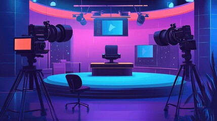 Poster - A dynamic behind-the-scenes view of a television interview set, with cameras positioned for filming the host and guest, symbolizing broadcast journalism.