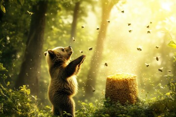 Poster - Curious bear interacts with buzzing bees near a hive in a sunlit forest during the golden hour. Generative AI