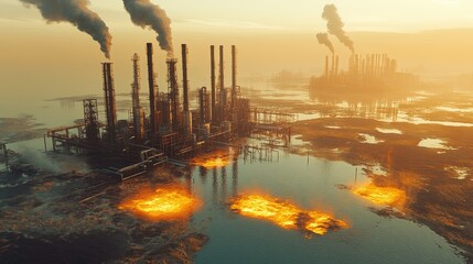 Poster - A factory in 3D pouring glowing waste into waters, surrounded by toxic fumes and barren land, symbolizing environmental destruction.