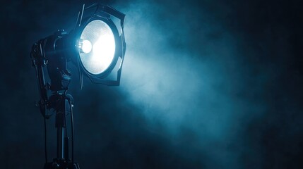 Poster - A film production spotlight casting a focused beam of light in a dark studio, ideal for a background banner with room for copy or branding.