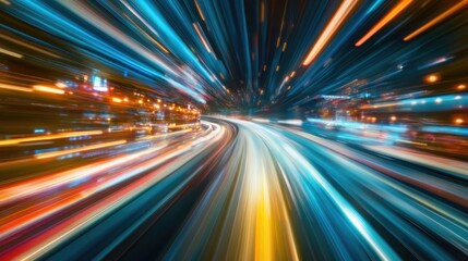 Poster - A fast-moving stream of multimedia files, images, and videos passing through digital devices, representing high-speed content sharing.
