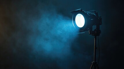 Poster - A film production spotlight casting a focused beam of light in a dark studio, ideal for a background banner with room for copy or branding.