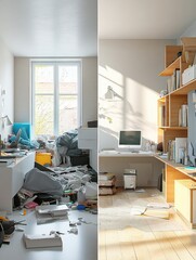 Leinwandbilder - Cluttered and tidy workspace comparison highlighting contrasting organization styles and environments during daylight hours. Generative AI
