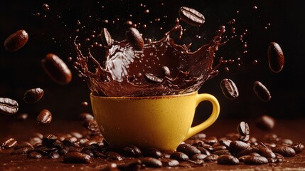 Poster - A fun and lively shot of coffee beans floating, splashing dark coffee from a yellow mug, with a rich chocolate-colored background adding warmth to the scene.