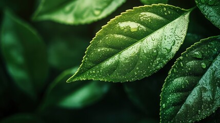 Poster - Close up photograph of a green tea leaf with water droplets on its surface