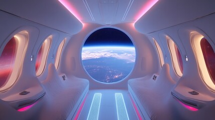Poster - A futuristic spaceship interior in white, highlighted by glowing blue and red lights, with an expansive view of planet Earth from the large window.