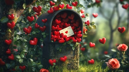 Canvas Print - A love-filled mailbox, bursting with red hearts and a card, surrounded by roses, creating a romantic and heartfelt scene.