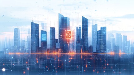 Poster - Futuristic city skyline, digital network, data security, sunrise, tech innovation, advertisement
