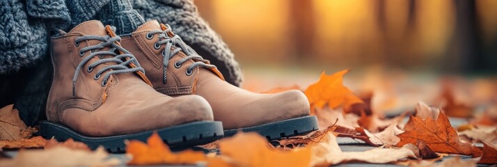 Aufkleber - Autumn footwear on leaves in a park during the early evening with warm colors settling in the background. Generative AI