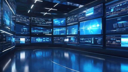 Aufkleber - A futuristic wall of television screens displaying diverse content, including videos and images, set against a sleek blue background in 3D.