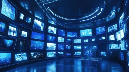 Aufkleber - A futuristic wall of television screens displaying diverse content, including videos and images, set against a sleek blue background in 3D.