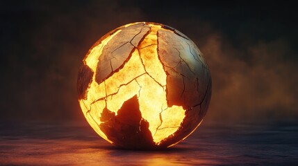 Poster - A glowing cracked globe with rising heat waves, representing global warming and environmental issues in a captivating 3D abstract design.