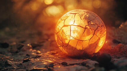 Poster - A glowing cracked globe with rising heat waves, representing global warming and environmental issues in a captivating 3D abstract design.