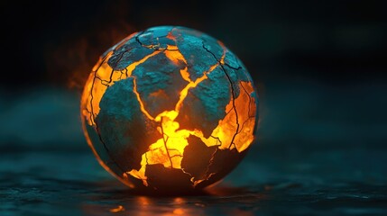 Poster - A glowing globe with cracked surfaces and rising heat waves, illustrating the effects of global warming in an abstract 3D design with a powerful visual impact.