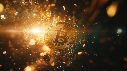 Poster - A golden bitcoin breaking into pieces above a dark, dynamic market graph, with a beam of light casting dramatic shadows.