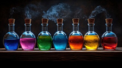 Poster - Row of glass bottles filled with colorful liquids in various shades and hues on a surface