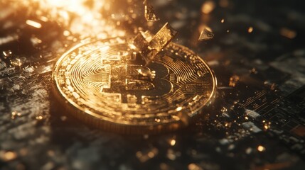 Poster - A golden bitcoin breaking into pieces above a dark, dynamic market graph, with a beam of light casting dramatic shadows.