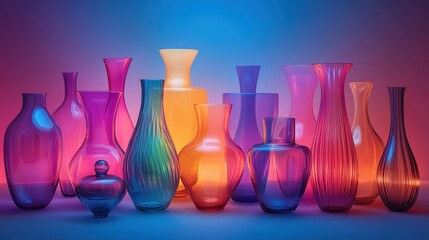 Poster - Colorful vases arranged on a table showcasing a variety of vibrant hues and transparent designs