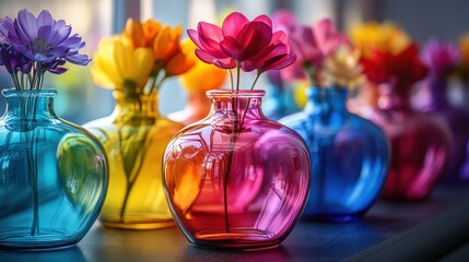 Poster - Row of colorful vases filled with fresh flowers on a bright background
