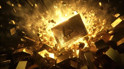 Poster - A golden bitcoin shattering amidst a volatile market graph, resting on gold bars, illuminated by a dramatic light.