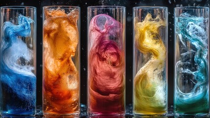 Poster - Group of four different colored liquids swirling in clear glass containers on white background