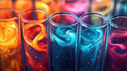 Poster - Colorful liquid swirling in test tubes creating vibrant abstract patterns and designs