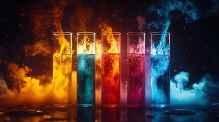Poster - Three glasses of colorful liquids with fire in the background creating a vibrant scene