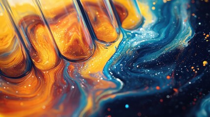 Poster - Close up of colorful liquid pouring into a glass creating swirling patterns and effects