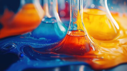 Poster - Close up of vibrant multicolored liquids swirling in a laboratory beaker with reflections