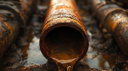 Aufkleber - A gritty, industrial shot of a rusted pipe leaking oil, symbolizing the deterioration and environmental concerns of the oil extraction process.
