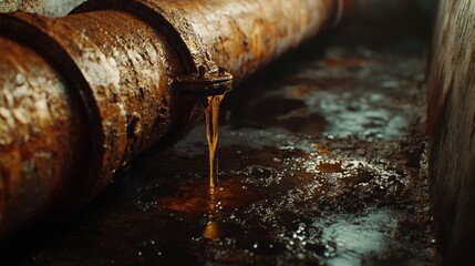 Aufkleber - A gritty, industrial shot of a rusted pipe leaking oil, symbolizing the deterioration and environmental concerns of the oil extraction process.