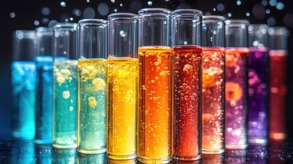 Poster - Row of colorful liquid glass tubes displaying a spectrum of vibrant colors in a linear arrangement