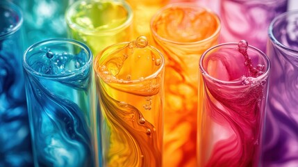 Poster - Rainbow colored background with water droplets and swirls of colorful liquids in vibrant display