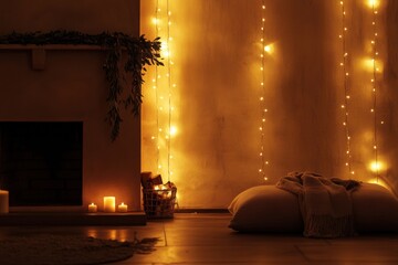 Poster - Cozy indoor atmosphere with warm lighting and soft decor in evening glow. Generative AI
